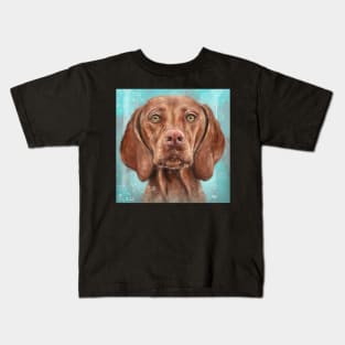 Painting of a Cute Hungarian Vizsla Looking Directly at you on a Blue Background Kids T-Shirt